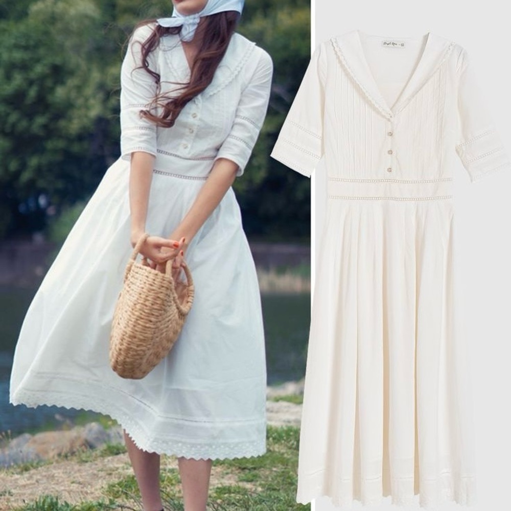 Hot Picks‼️Simple Retro Fiona Cotton White Midi Dress, Sz M, Wedding, Parisian